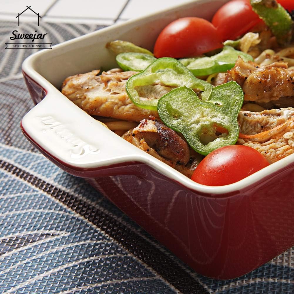Sweejar Ceramic Baking Dish, Rectangular Small Baking Pan with Double Handles, 20 Oz for Cooking, Brownie, Kitchen, 6.5 x 4.9 x 1.8 Inches(Red)