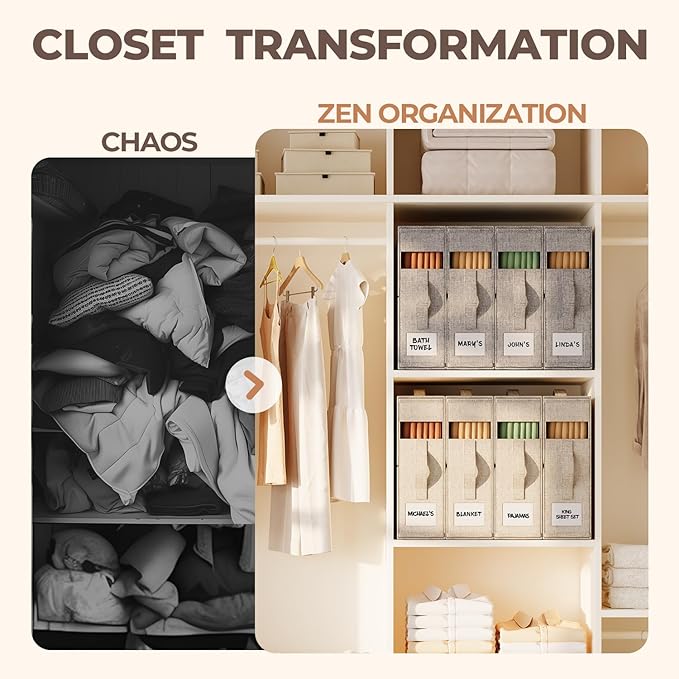 12Pack Sheet Organizers and Storage - King/Queen Size Sheet Storage Organizer with Window, Foldable & Dustproof Sheet Organizer for Linen Closet for Summer Blankets & Sheet Sets,Grey