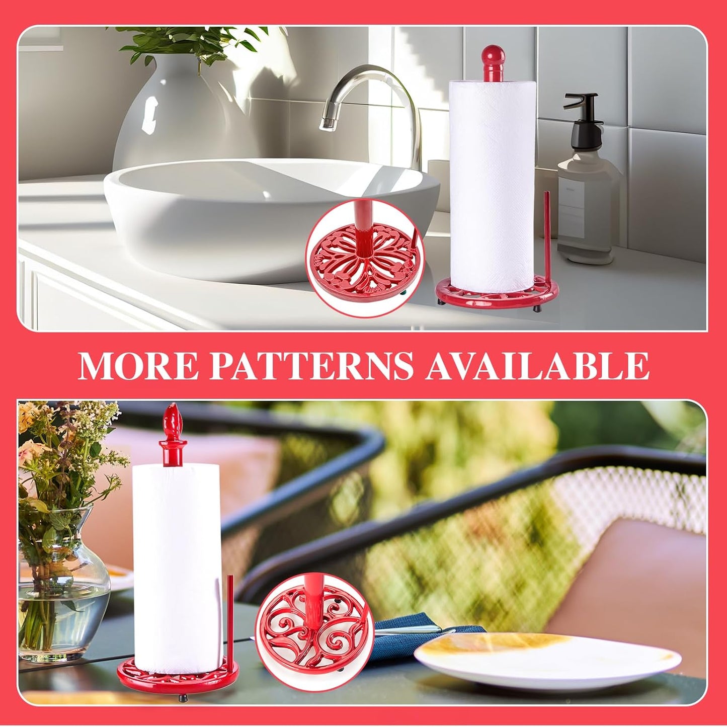 JOGREFUL Paper Towel Holder Stand, Cast Iron Kitchen Paper Towel Countertop Vintage Stand with Weighted-Base, Bathroom Organization for Family Standard Large Size Roll Paper, Classic Style, Red