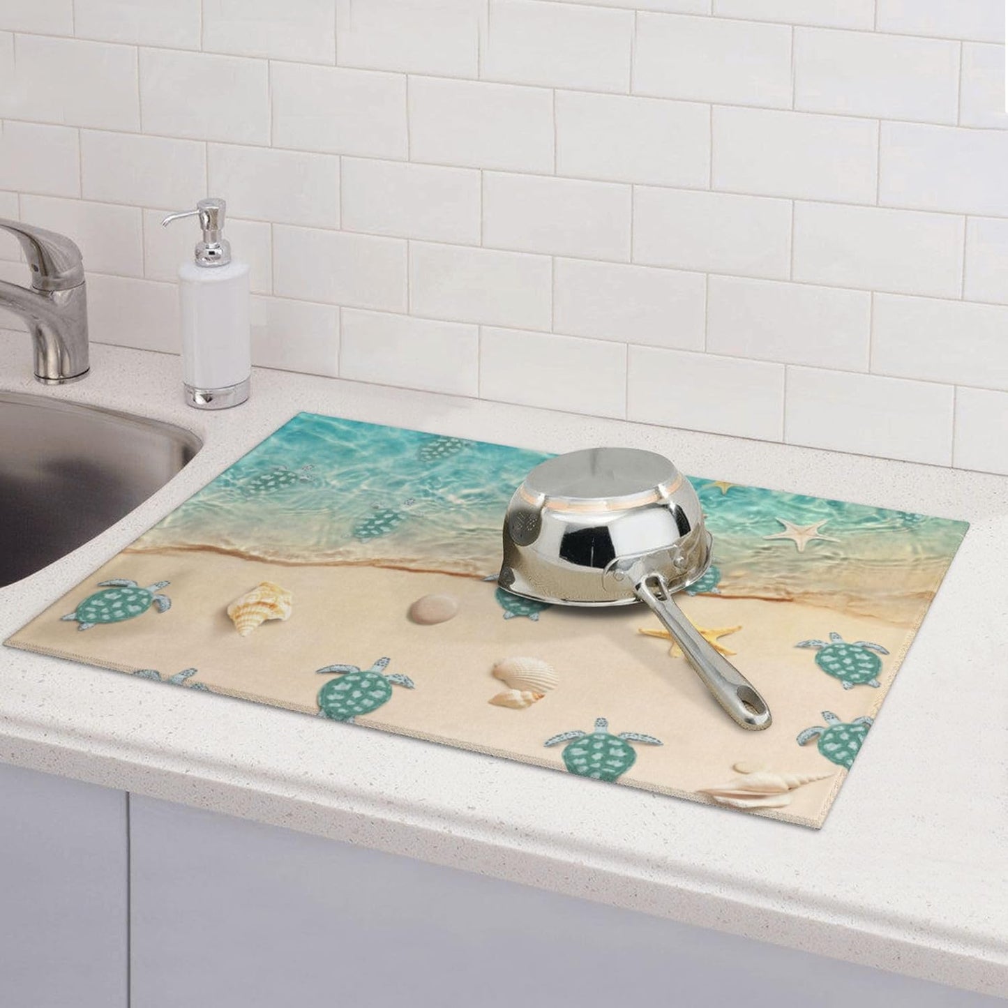 Sea Turtles Beach Dish Drying Mat for Kitchen Counter Cute Drying Pad 18x24 Inch Teal Nautical Decor Absorbent Reversible Dish Drainer Rack Mats