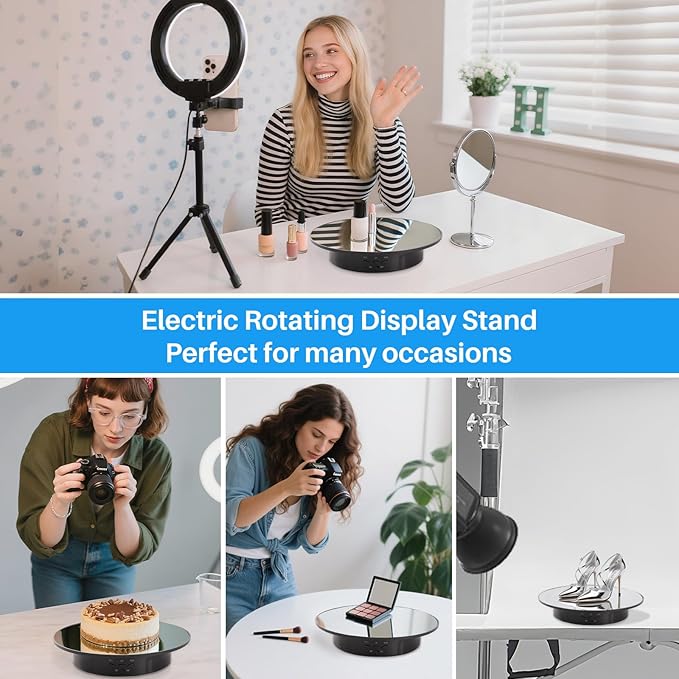 Rotating Display Stand Turntable Stand Black Spinning Stand for Product Shows with Telecontroller,7.87inch /17.6lbs Max Load,Black Round