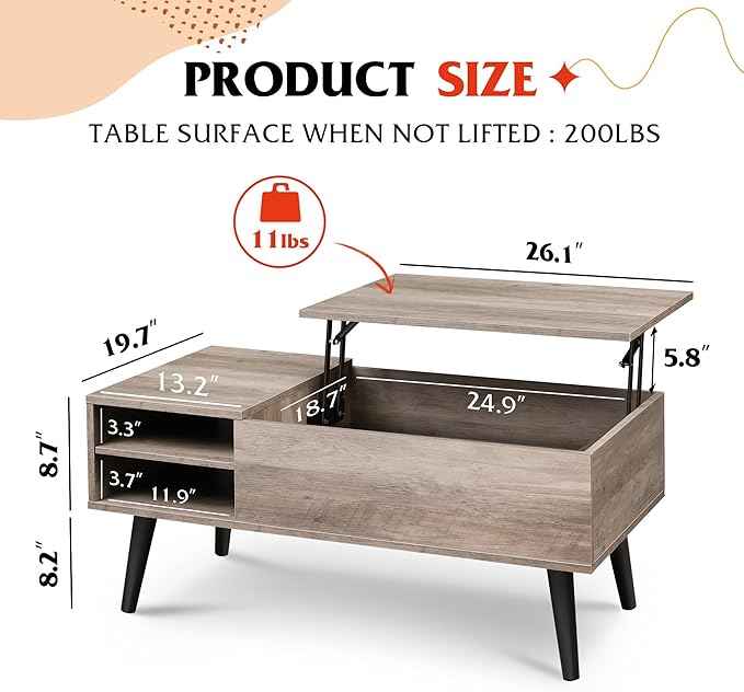 WLIVE Lift Top Coffee Table for Living Room,Small Coffee Table with Storage, Adjustable Shelf and Storage Compartment, Mid Century Modern Living Room Table, Greige