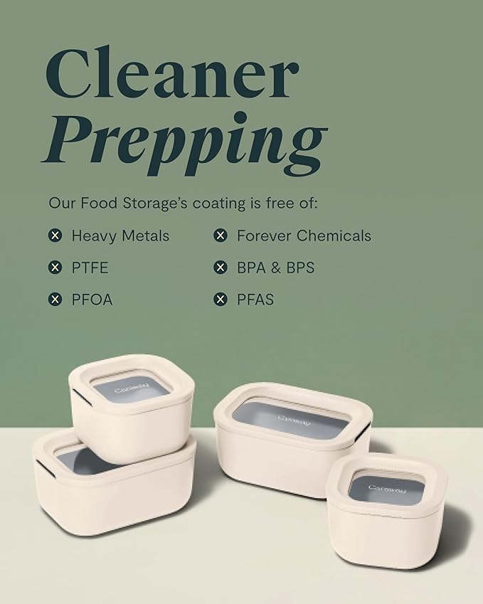 Caraway 6pc Glass Food Storage Set - 2.6 Cup Storage Containers For Food (6) - Non-Toxic Ceramic-Coated Glass - Air Release Technology - Compact & Stackable Design - Perracotta