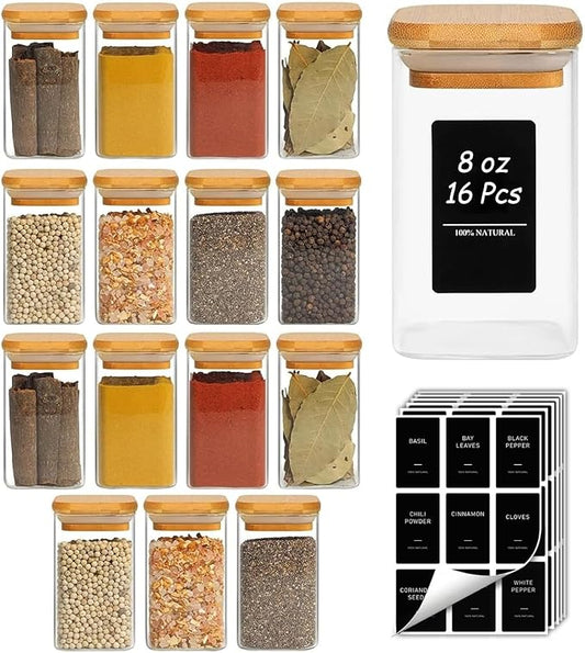 ComSaf Spice Jars with Labels 8 oz 16Pack, Small Spice Containers Starter Set, Glass Seasoning Jars with Lids, Square Seasoning Containers for Salt, Pepper, Chili Powder, Sugar, Loose Tea Storage