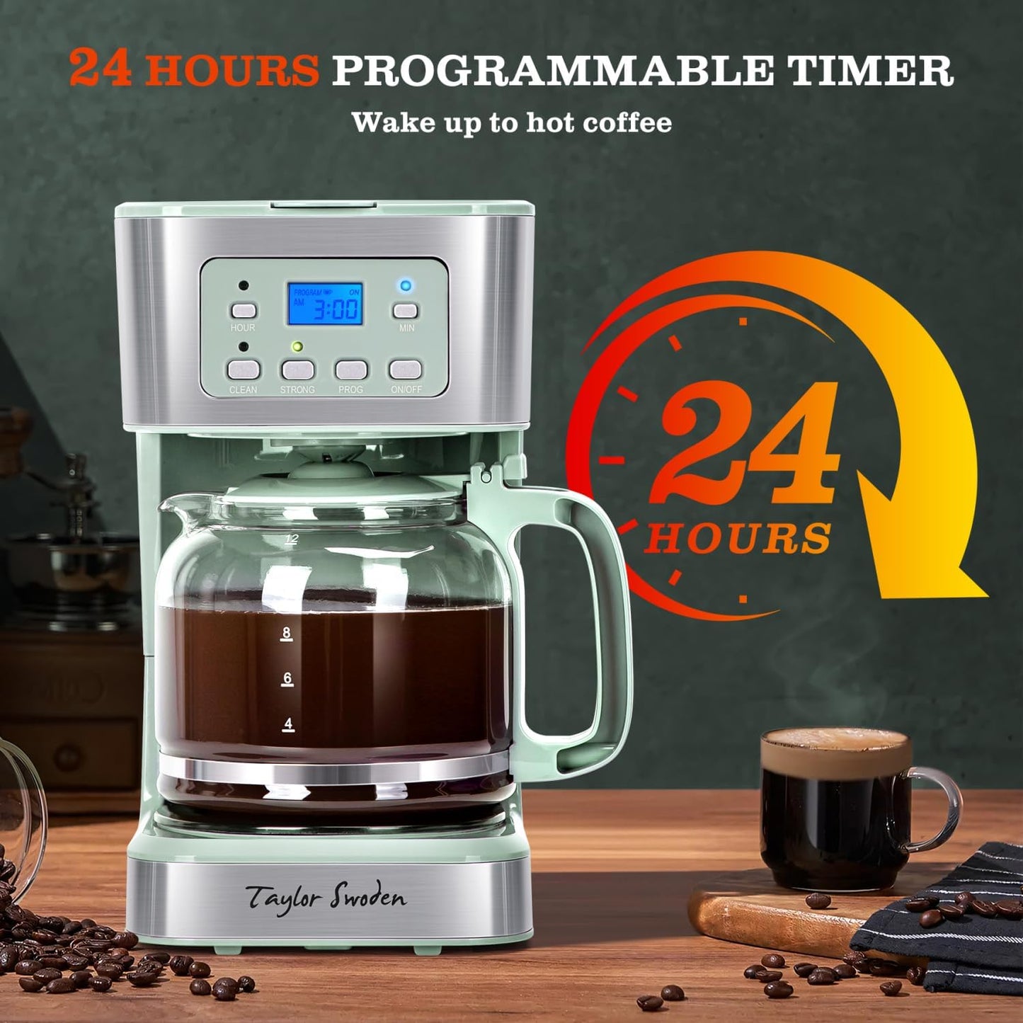 Taylor Swoden 12-Cup Programmable Coffee Maker, Regular & Strong Brew Drip Coffee Machine for Home and Office, Glass Carafe, Pause & Serve, Auto Shut Off, Green & Stainless Steel