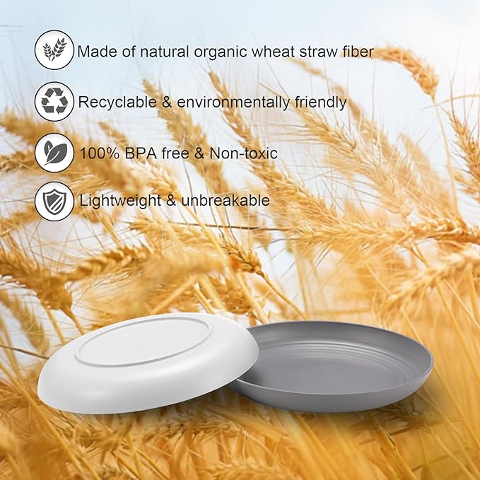12 Pcs Unbreakable Deep Dinner Plates Set, 9 inch Reusable Plastic Wheat Straw Plates, Microwave and Dishwasher Safe Plate for Kitchen, Lightweight Plate for Dessert, BPA Free, White Gray
