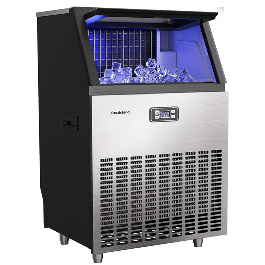 Commercial Ice Maker Machine, 270 lbs/24 Hours, 48 lbs Storage Bin, Stainless Steel, Blue Light, Freestanding, Great for Home or Business, Includes Ice Scoop, Connecting Hose