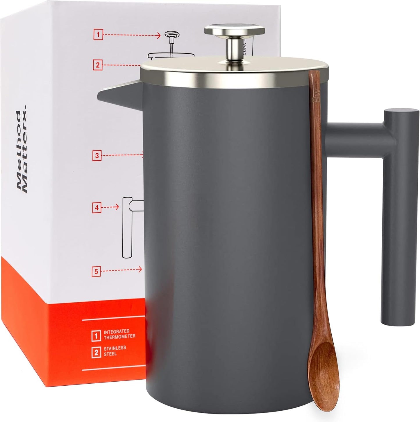 Barista Warrior French Press with Thermometer - Insulated Coffee Press - Stainless Steel Coffee Maker (1.0L, 34 fl oz, Gray)