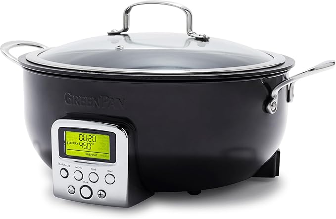 GreenPan Elite Essential Smart Electric 6QT Skillet Pot,Sear Saute Stir-Fry and Cook Rice, Healthy Ceramic Nonstick and Dishwasher Safe Parts, Easy-to-use LED Display, PFAS-Free, Black