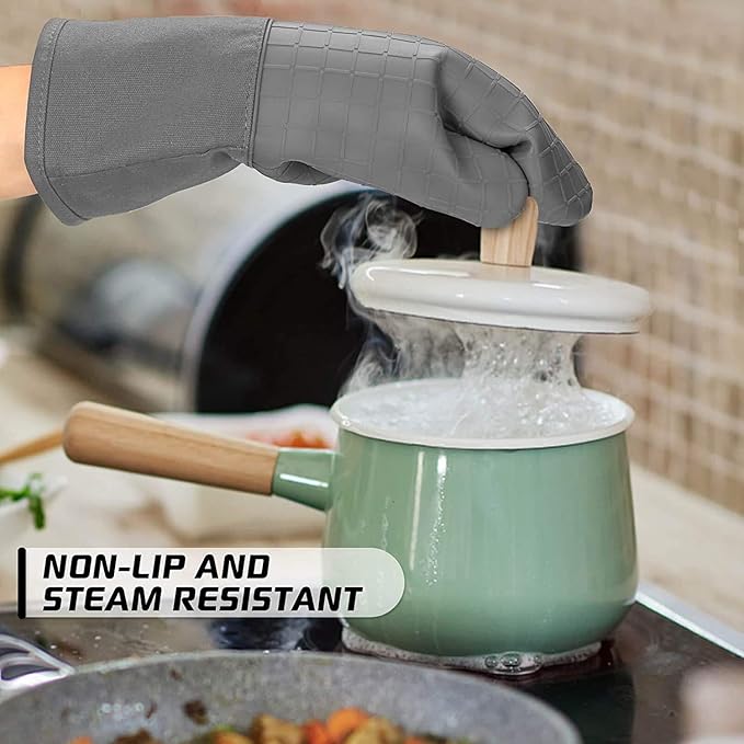 HOMWE Silicone Oven Mitts and Pot Holders for Kitchen & Baking - Set of 4 Heat-Resistant, Heavy-Duty Cooking Mittens w/Non-Slip, Textured Grip (Black)