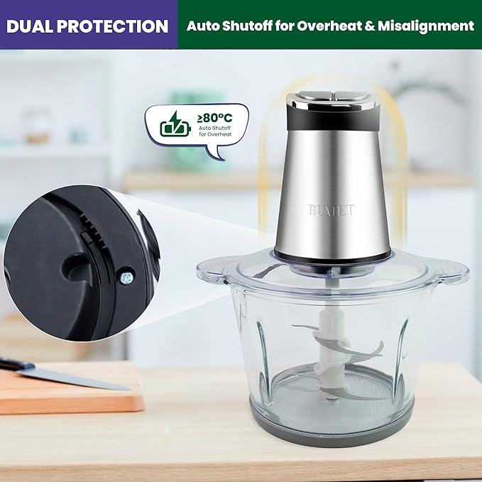 BUMET 2X12-cup bowls 800W Electric Food Processor with LED timer. 3-Tiered 6 Cutting Edges blade for mincing, chopping, Ideal as meat grinder, fresh vegetables chopper, pet food process in kitchen.