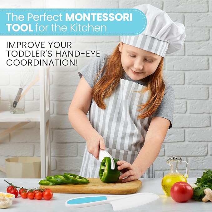 Zulay 3-Piece Kids Knife Set for Real Cooking & Baking - Toddler Knives for Cutting Fruits, Veggies, & Cake - Children’s Montessori Knife with Serrated Edges - Safe & Fun Lettuce Knife (Blue)