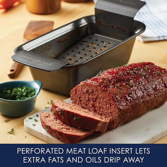 Rachael Ray Bakeware Meatloaf/Nonstick Baking Loaf Pan with Insert, 9 Inch x 5 Inch, Gray
