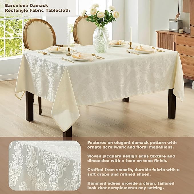 Newbridge Barcelona Luxury Damask Fabric Tablecloth, 60” Wide x 102” Rectangle, Antique White, 100% Polyester, No Iron, Soil Resistant Dining Room, Party and Banquet Table Cover