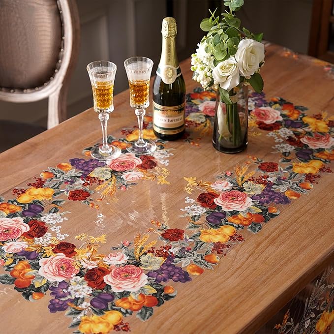 Clear Table Cover Protector Vinyl PVC Rectangle Table Cloth with Floral Fruit Pattern Oil Spill Proof Plastic Tablecloths for Dining Tables Parties Holidays (Floral Fruit, 55 x 84 Inches)