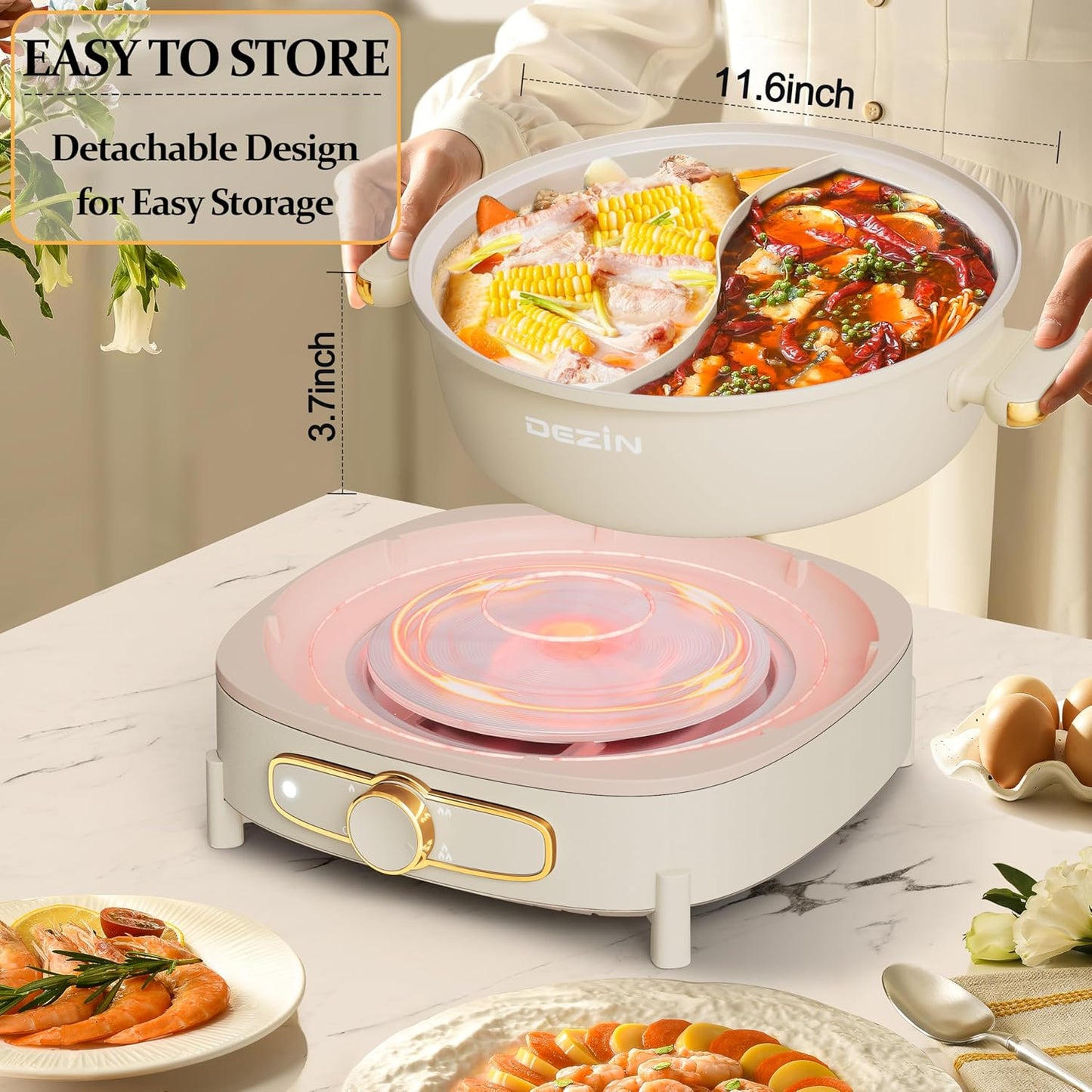 Dezin Hot Pot Electric with Divider, 6L Double-Flavor Shabu Shabu Pot, Dual Sided Removable Non-Stick Hotpot Pot Electric, 3" Depth Chinese Hot Pot with Multi-Power Control, 2 Silicone Ladles Included