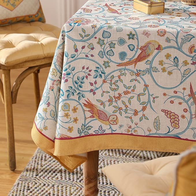 patdrea Designer Vintage Small Square Table Cloth,Yellow Linen Floral Birds Pattern Colorful Tablecloths,Decorative Table Cover for Kitchen Dining Banquet,Christmas,Thanksgiving,55"x55"-Magnolia