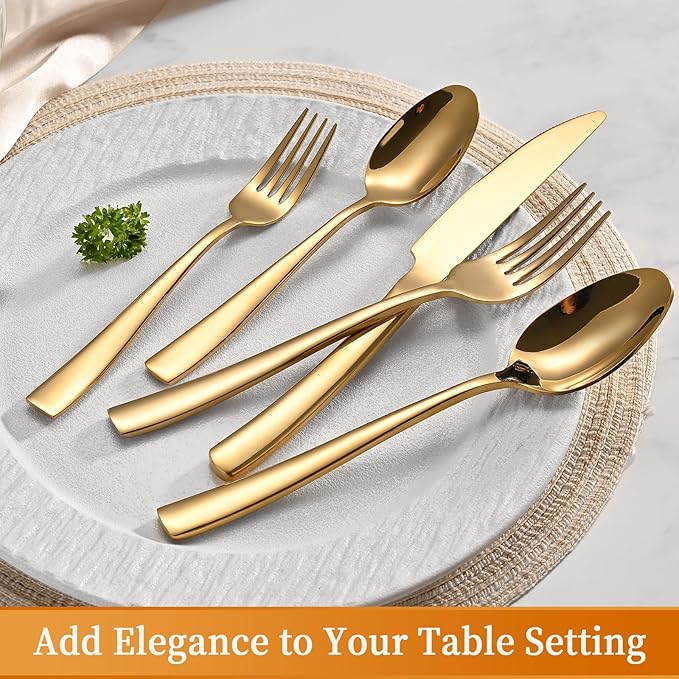 40-Piece Black Silverware Set, Heavy Duty Stainless Steel Flatware Cutlery Set Service for 8, Food-Grade Utensil Sets for Home Restaurant, Dishwasher Safe (Gold, 40)