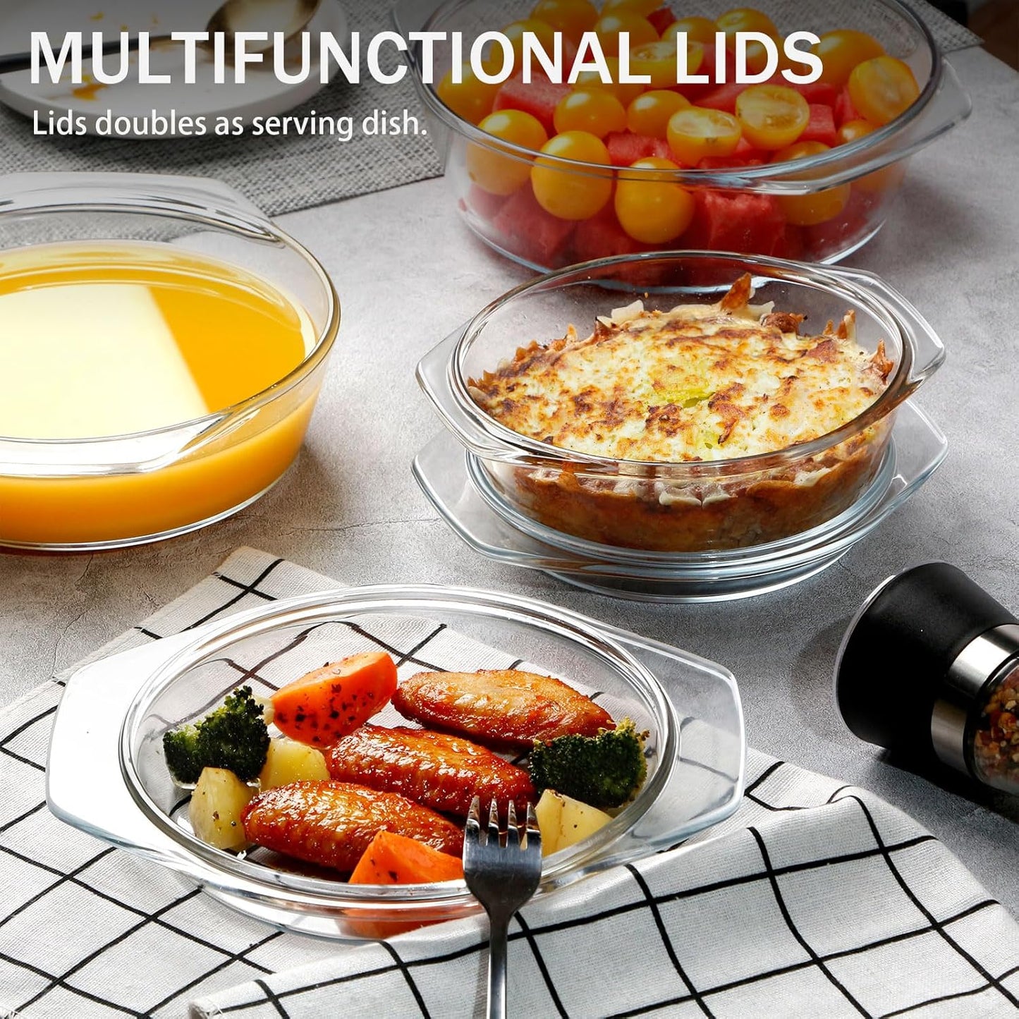 ZYER Round Glass Casserole Dish Set, 3 Sizes (0.65L, 1L, 1.4L) with Glass Lids