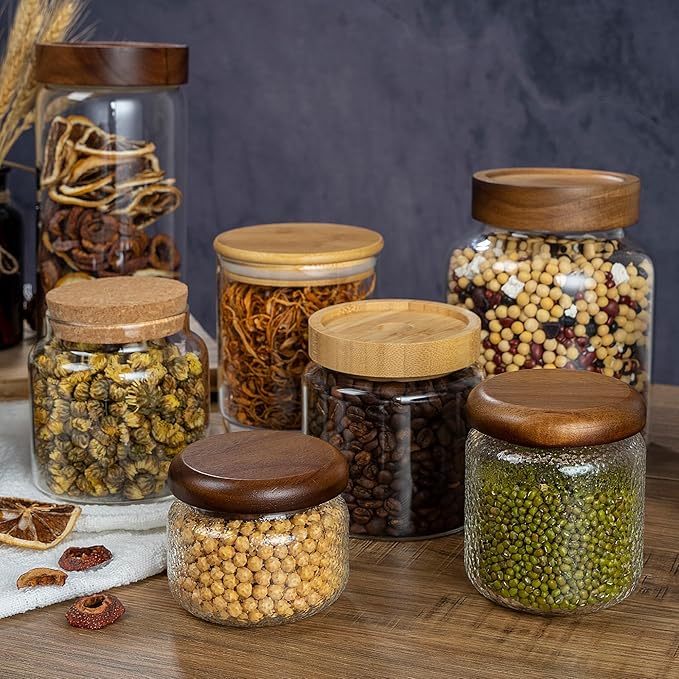 1PC Glass Storage Jars with Airtight Lids, 45 fl oz (1400ml) coffee container with Wooden Lid, Glass Pantry Canister for Beans, Rice, Sugar and etc
