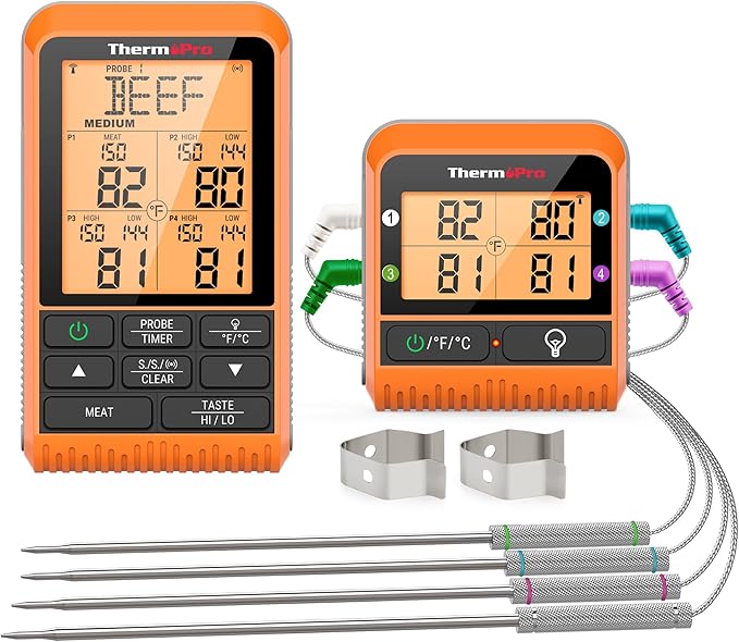 ThermoPro TP829 1000ft Wireless Meat Thermometer Digital for Grilling and Smoking, 4 Meat Probes Grill Thermometer for Outside Grill, BBQ Thermometer for Cooking Turkey Temperature Indicator