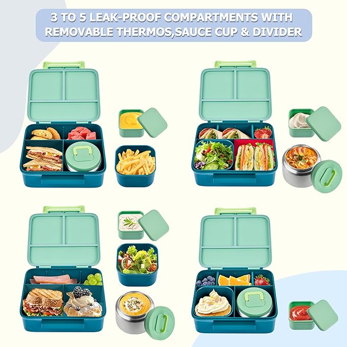 MAISON HUIS Bento Box for Kids with 8oz Soup Thermo, Leak-proof Lunch Food Containers with 5 Compartment, Insulated Lunch Bag & 17oz Stainless Steel Water Bottle for School, Trvael