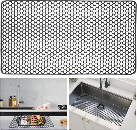 Sink Protectors for Kitchen Sink - 28.34" x 15.74" Silicone Sink Mat - Can DIY Drain Holes - Non-slip Heat Resistant Liner for Bottom of Farmhouse Porcelain Stainless Steel（Grey）
