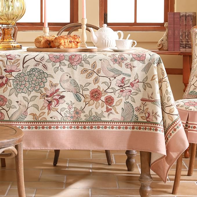 patdrea Designer Pink Linen Table Cloth for Rectangle Table,Vintage Floral with Birds Pattern Decorative Tablcloth,French Table Cover for Kitchen Dining,Thanksgiving,Christmas,63"x87"-Kulom a