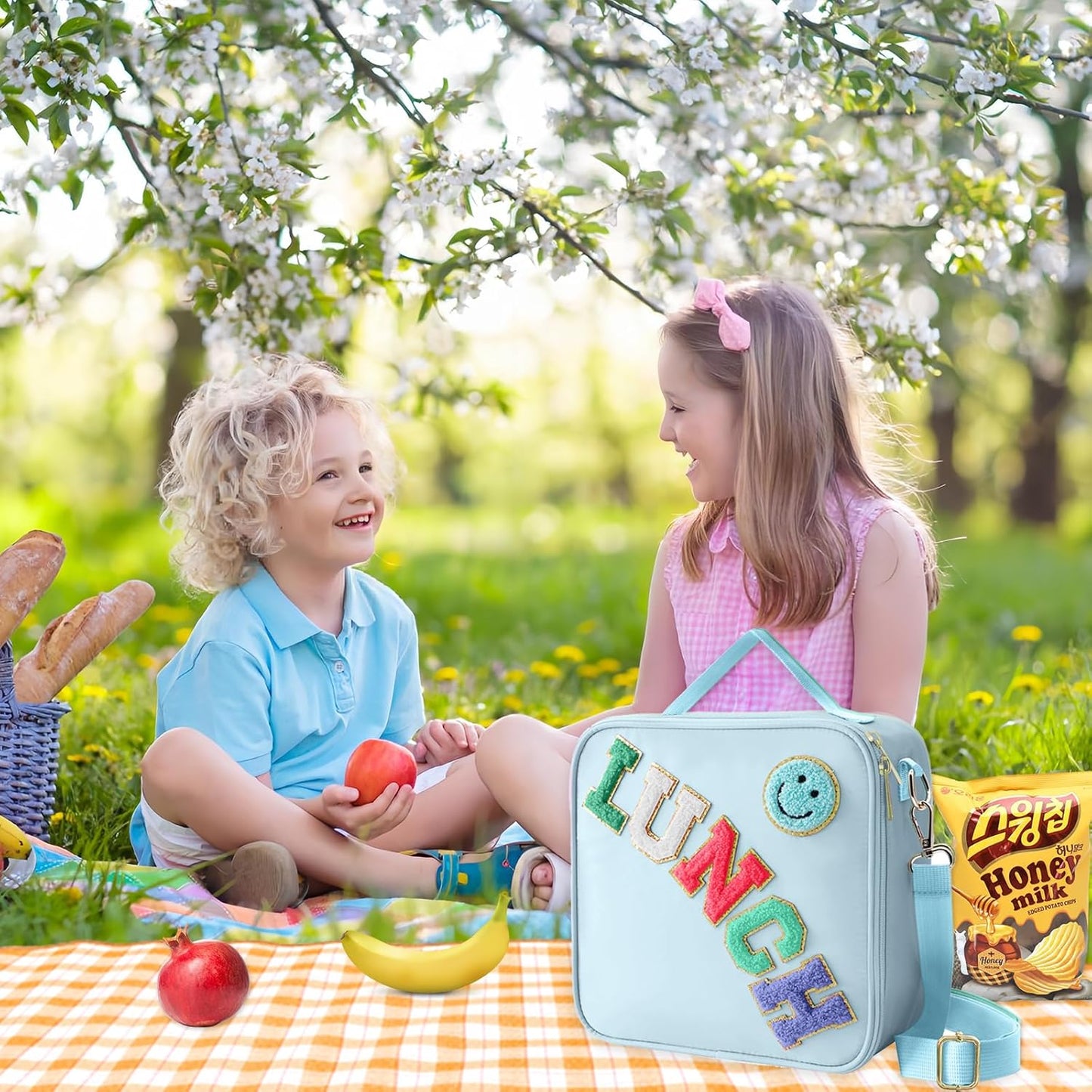 Insulated Lunch Bag With Adjustable Shoulder Strap, Nylon Preppy Lunch Box Large Insulated Lunch Bag Reusable Lunch Tote Bag with Smiley Preppy LunchBag for Girls School Travel Picnic (Blue)