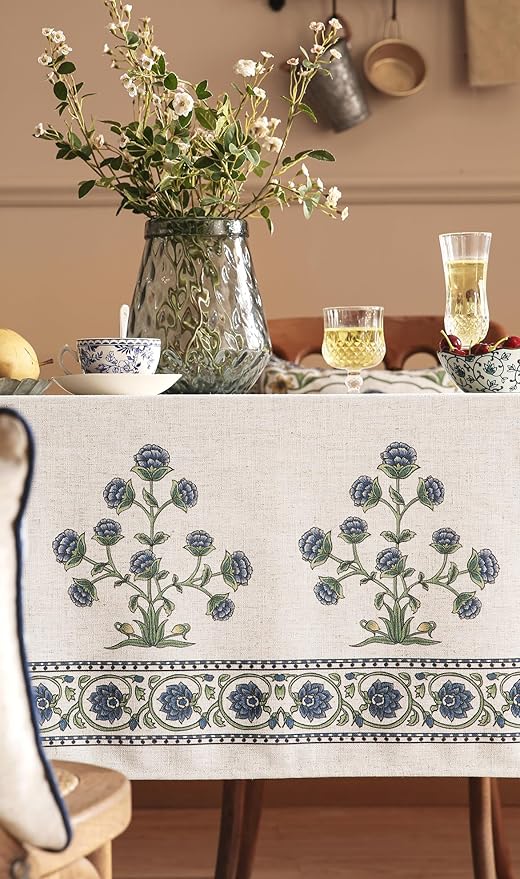 patdrea Designer Vintage Blue Rectangle Extra Long Tablecloth,Leaves Pattern Breathable Floral Table Cloth,French Table Cover for Kitchen Dining Christmas,Thanksgiving,Party,67"x118"-Ivar B