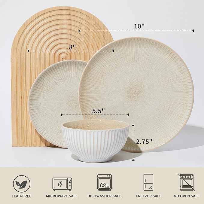 Ceramic Dinnerware Sets for 4, 12 Pieces Embossed Stoneware Plates and Bowls Sets, Scratch Resistant Dish Sets, Distinctive Granulated Surface, Housewarming Wedding Gift, Brown