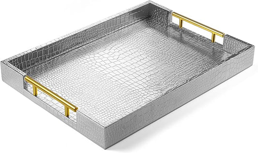 17" x 12" Wood Serving Tray with Gold Polished Metal Handles, Home Decorative Wooden Rectangle Ottoman Leather Decor Platter Bathroom Vanity Tray for All Occasions Alligator Silvery