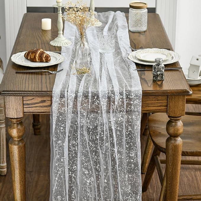 Artoid Mode 6Pcs White Silver Gauze Table Runner 120 Inch 10FT, Glitter Metallic Foil Sheer Dining Wedding Anniversary Holiday Birthday Table Decor for Home Party