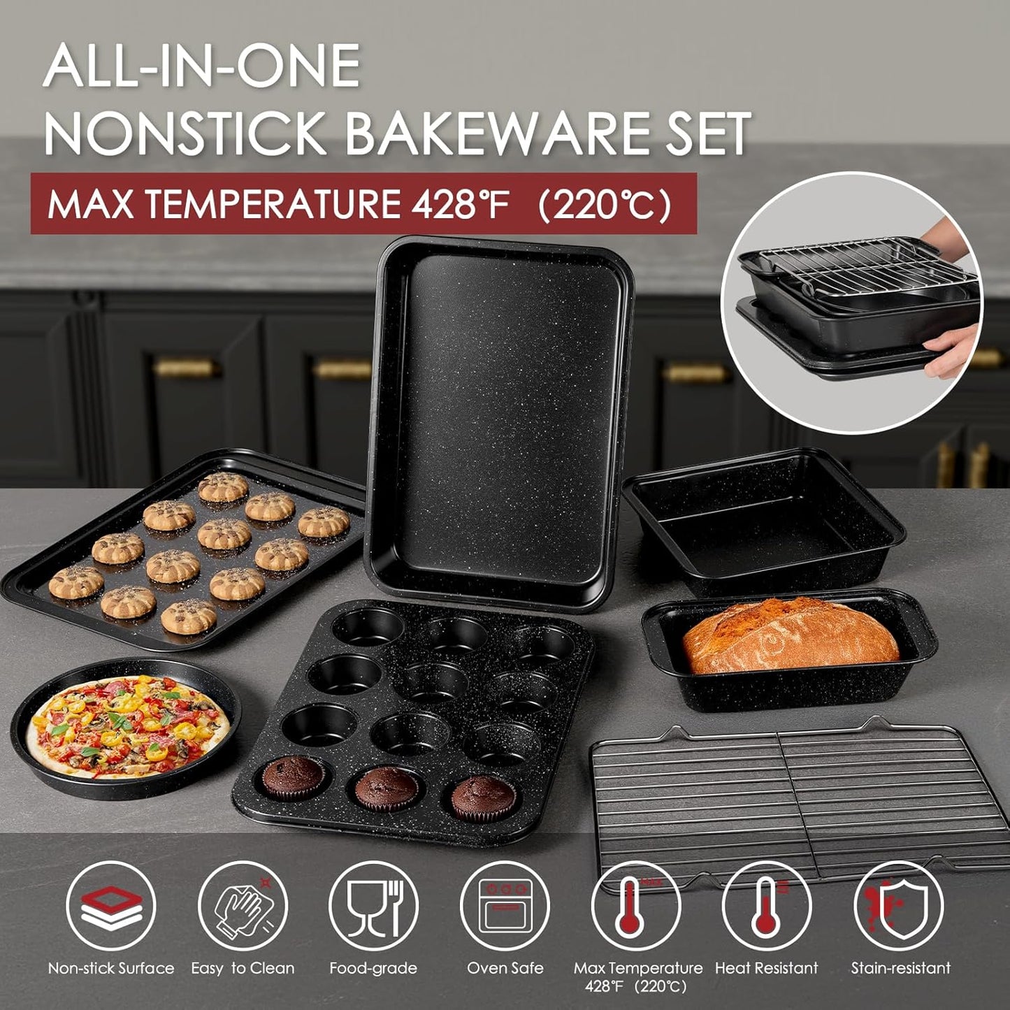 Kikcoin Pots and Pans Set Non Stick 31 Piece Kitchen Nonstick Cooking Cookware Sets with Grill Pan Saucepan Baking Sheet Utensil