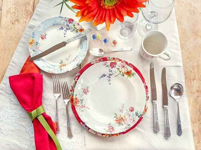 Tudor Royal 24-Piece Porcelain Round Dinnerware Set, Service for 6, Crimson Design, Summer Floral, Plates Bowls Mugs Dishes, Glossy, Premium Quality Tableware
