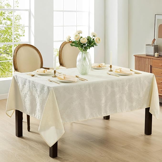 Newbridge Barcelona Luxury Damask Fabric Tablecloth, 70” Extra Wide x 126” Rectangle, Antique White, 100% Polyester, No Iron, Soil Resistant Dining Room, Party and Banquet Table Cover