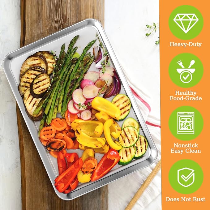Quarter Sheet Pan Set of 4, CEKEE Stainless Steel Baking Sheet & Cookie Sheets for Baking, Baking Sheet Pan Oven Tray, Heavy Duty & Easy Clean Baking Pans Set - Size 12 x 10 x 0.98 Inch