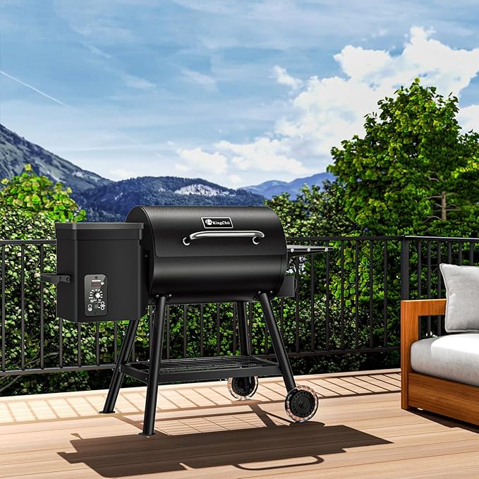 KingChii Electric Wood Pellet Grill & Smoker with Side Shelf, 456 SQ.IN Grill Capacity, with PID Temperature Control (180-425°F) for Backyard Camping Bake and Roast, Black