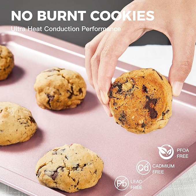 HONGBAKE Baking Sheet Pan Set, Cookie Sheet for Oven, Nonstick Bakeware Sets with Wider Grips, 3 Pack Half/Jelly Roll/Quarter Baking Tray, Premium, Dishwasher Safe-Pink