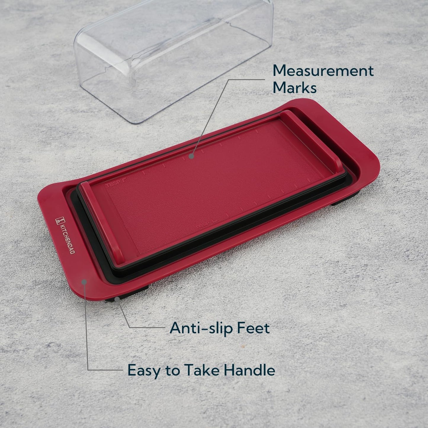 KITCHENDAO Airtight Butter Dish with Lid for Countertop and Fridge, Dishwasher Safe, BPA Free Wide Plastic Butter Keeper for 2 Sticks East Coast/West Coast/European Style/Kerrygold Butter, Red
