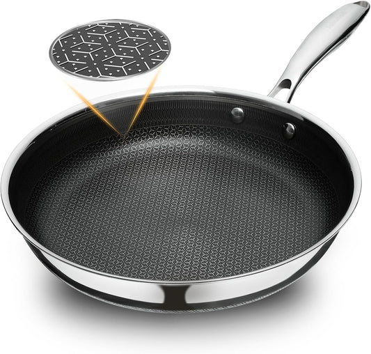 11" Non Stick Frying Pans, Hybrid Ceramic Stainless Steel Pan, Skillet with Stay-Cool Handle, Non Toxic, PFAS PFOA PTFE Free, Dishwasher & Oven Safe, Induction, Compatible with All Cooktops
