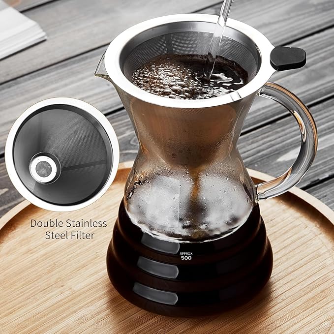 Unbreakable - 18 Pack Pour Over Coffee Maker with Permanent Stainless Filter 27 fl oz, Thickened Heat-Resistant Borosilicate Glass Dripper Coffee Brewer, Stovetop Safe