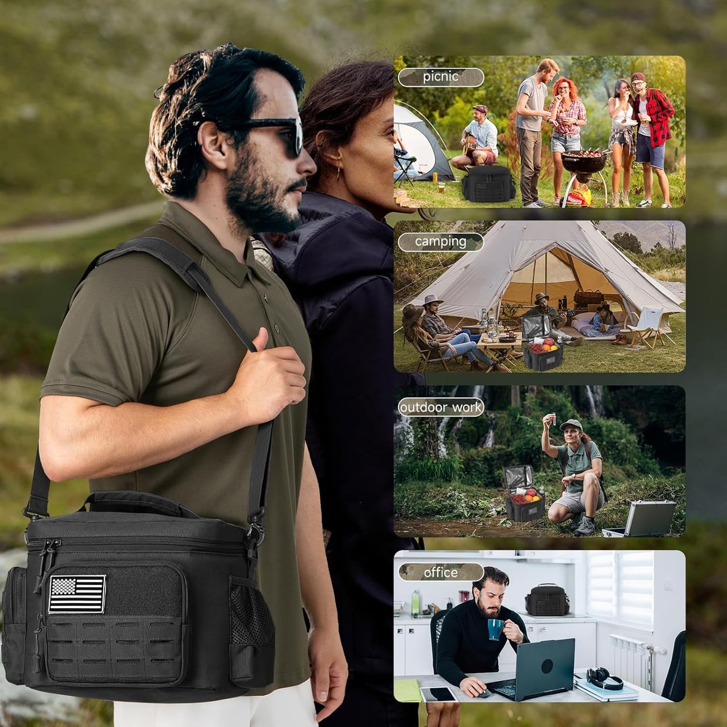 QT&QY Tactical Lunch Bag for mens Military heavy duty lunch box work Leakproof insulated Durable Thermal Cooler Bag for Adult Meal for Office Camping Picnic Pail MOLLE Webbing Black
