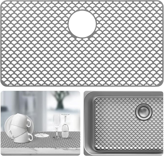 Sink Protectors for Kitchen Sink - Large 28.4"x 15" with Rear Drain Hole Heat Resistant Easy Clean Non-slip Silicone Kitchens Sinks Mat for Bottom of Kitchen Sinks Stainless Steel(Grey)-72x38CM