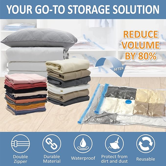 12 Pack Vacuum Storage Bags, Space Saver Vacuum Storage Bags, Vacuum Seal Bags for Clothing, Clothes, Comforters and Blankets, Hand Pump Included