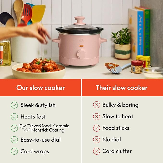 bella 1.5 Qt Slow Cooker with 3 Heat Manual Control, Ceramic Nonstick Coating, Dishwasher Safe Stoneware Pot and Tempered Glass Lid, Tangle Free Cord Wrap & Cool Touch Handles, Blossom