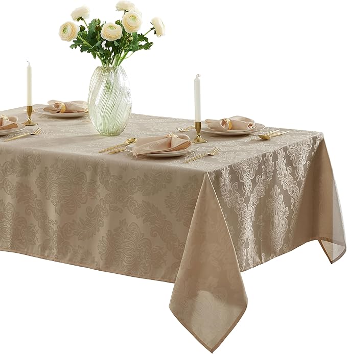 Newbridge Barcelona Luxury Damask Fabric Tablecloth, 70” Extra Wide x 108” Rectangle, Golden Beige, 100% Polyester, No Iron, Soil Resistant Dining Room, Party and Banquet Table Cover