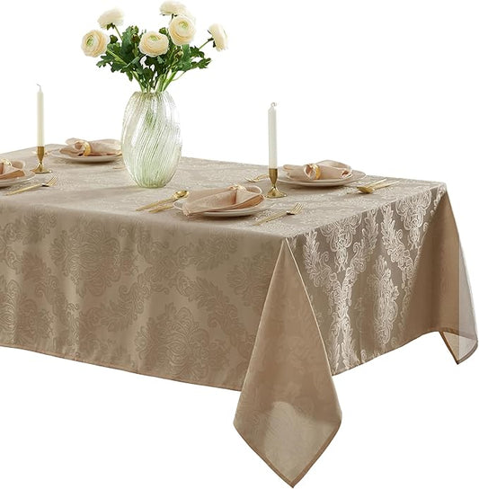 Newbridge Barcelona Luxury Damask Fabric Tablecloth, 70” Extra Wide x 168” Rectangle, Golden Beige, 100% Polyester, No Iron, Soil Resistant Dining Room, Party and Banquet Table Cover