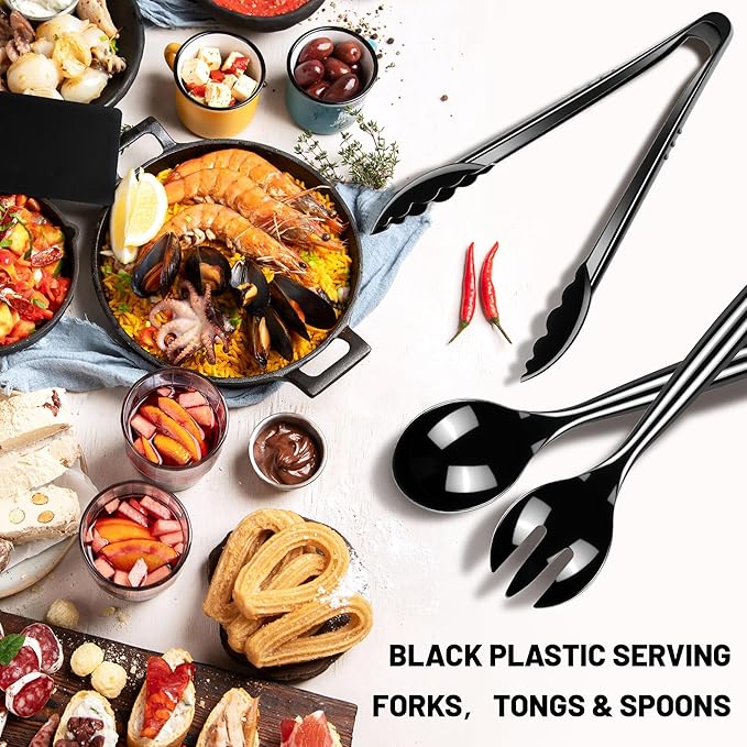 Dualshine 48 Pcs Disposable Black Plastic Serving Utensils,16 Set Including 10" Plastic Serving Spoons, Forks and 9" Tongs for Dinner Parties, Buffets,Banquets, Events, Weddings, and Daily Use