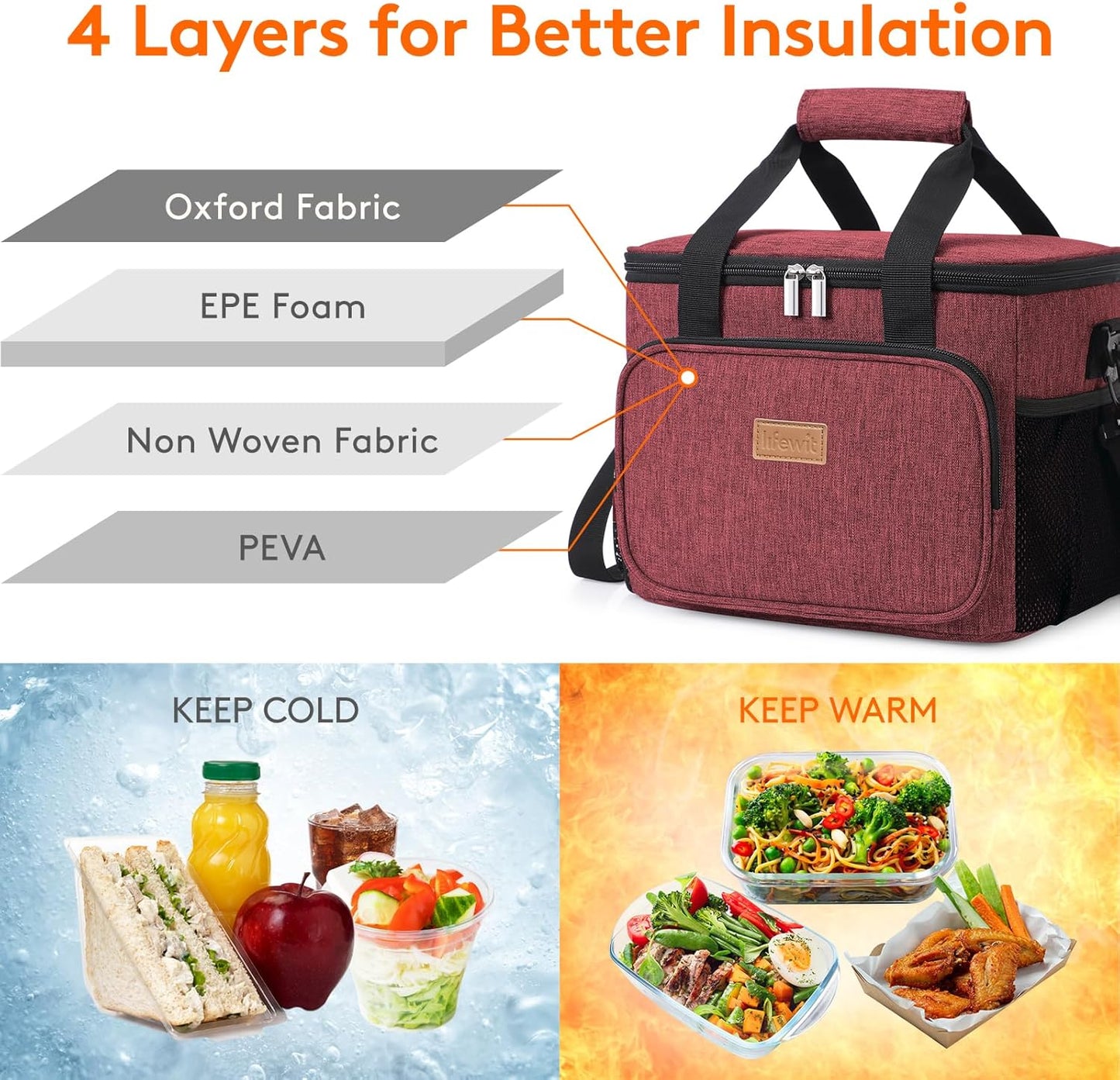 Lifewit Large Lunch Bag Insulated Lunch Box Soft Cooler Cooling Tote for Adult Men Women, Burgundy 24-Can (15L)